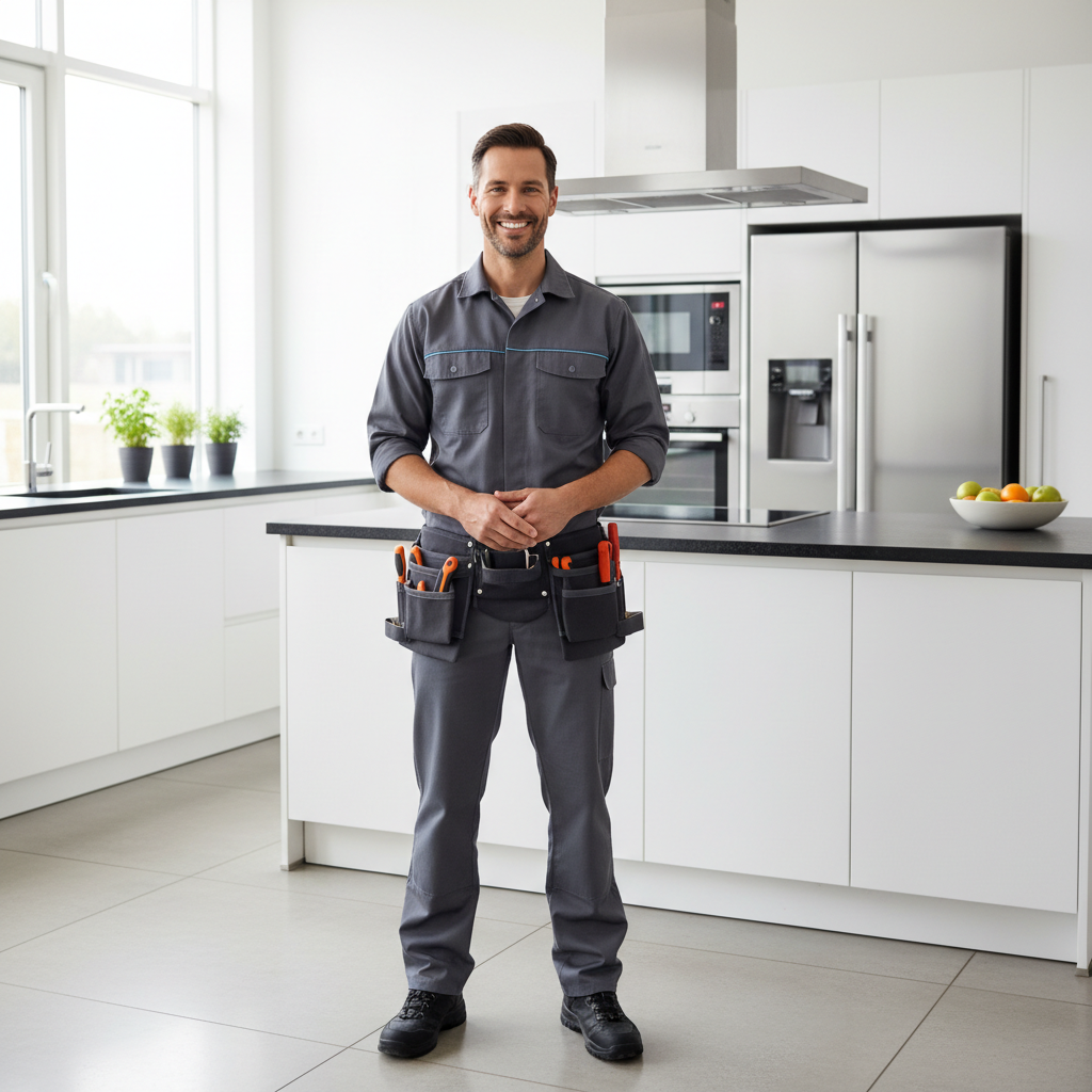 Smiling appliance repair technician standing in a modern bright kitchen