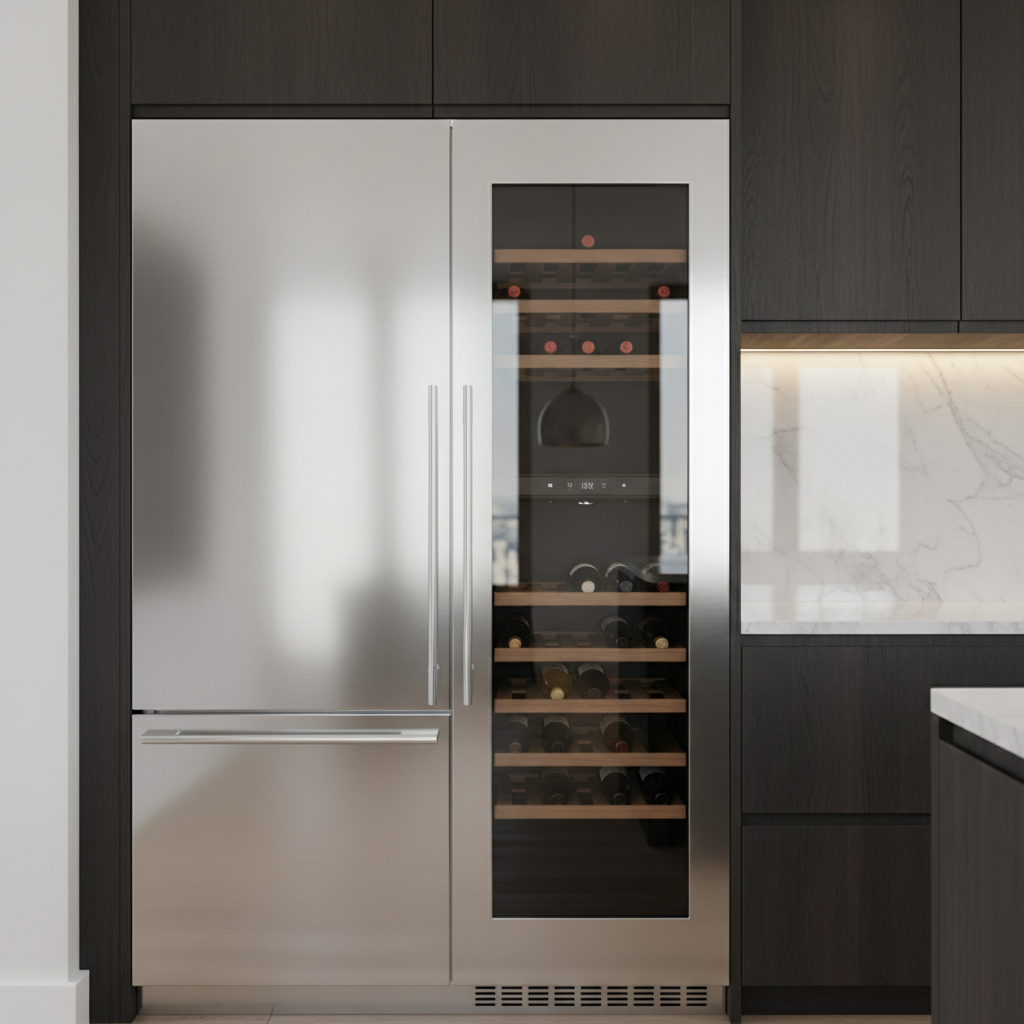 Modern high-end kitchen close-up with built-in refrigerator and wine cooler