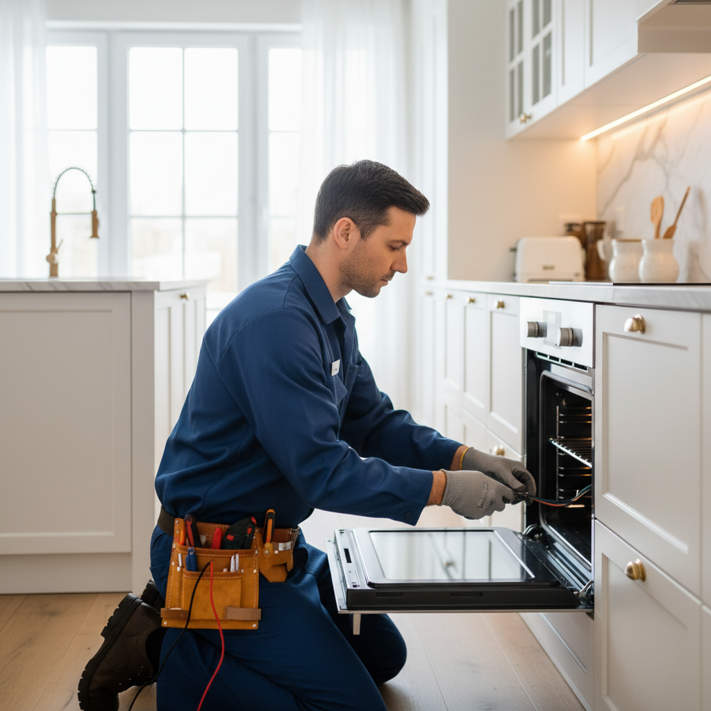 Appliance repair technician repairing a built-in oven